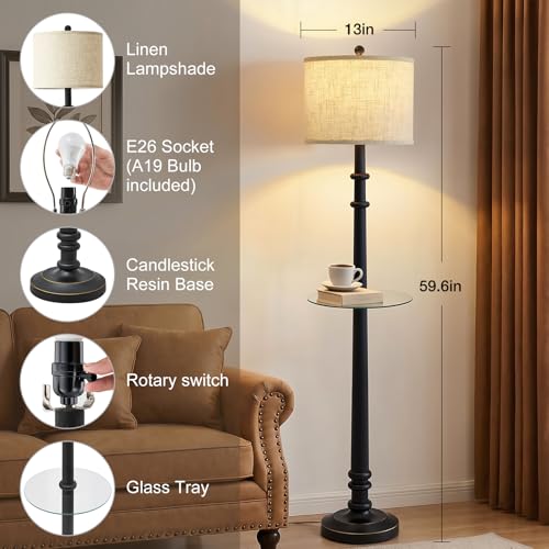 Image of EJIAXIN Floor Lamps for Living Room - 60 inch Farmhouse Floor Lamp with Adjustable Color Temperatures - Vintage Standing Lamp Reading Light - Retro Tall Lamp with Table for Bedroom Office, Rustic Black