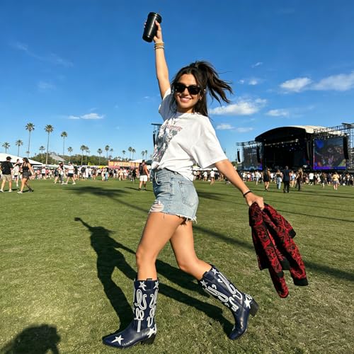 Image of Women's Mid Calf Western Cowboy Boots Pull On Cowgirl Boots with Fashion Star Embroidery Letter Pointed Toe Chunky Heel