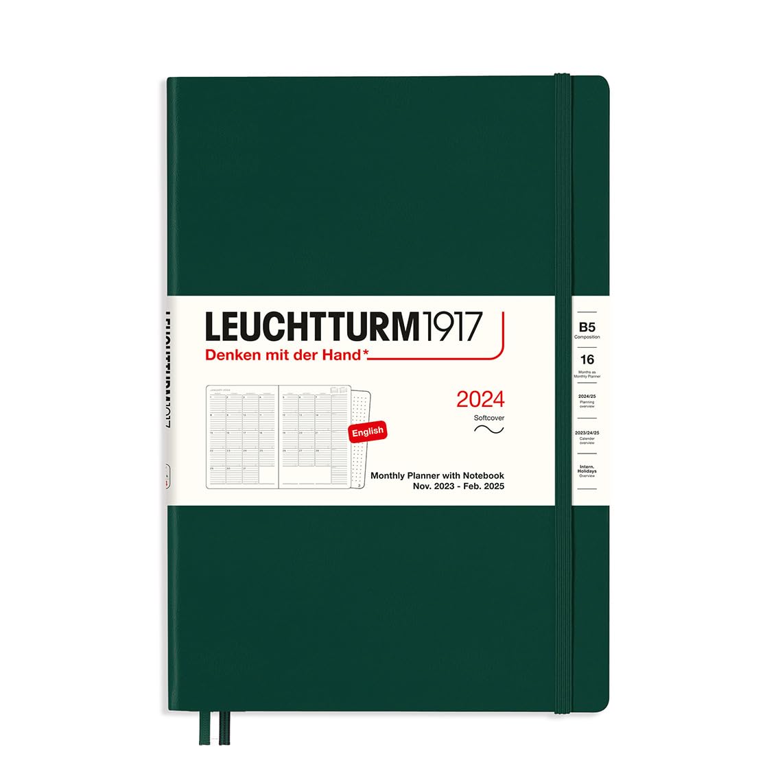 LEUCHTTURM1917 367561 Monthly Planner with Notebook Soft Cover Composition (B5) 2024, 16 Months, Forest Green, English