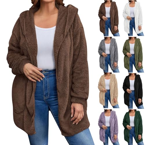 Image of Women's Sherpa Fuzzy Jacket Hoodie Open Front Fleece Hooded Jackets Cardigan Warm Outerwear Fall Coat with Pockets