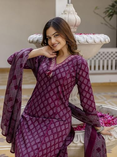 Image of PARTHVI|Women's Pure Cotton Printed with Handwork Kurta with Pants and Dupatta Set | Ethnic Set | Suit Set | Kurta Set | Wedding Suit Set