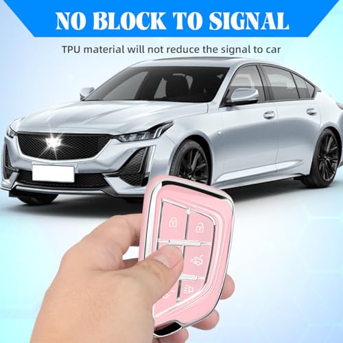 Image of QBUC for Cadillac Key Fob Cover with Leather Keychain (Chrome Trim Pink) | Soft TPU Protection Case Compatible with 2020-2026 Cadillac Escalade Lyriq Optiq 6-Buttons