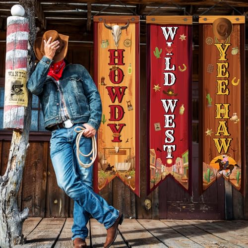 Image of Chiisong 3 Western Party Decorations Cowboy Banners Wild West Hanging Decor Howdy Yes Haw Porch Sign Backdrops for Indoor Outdoor Cowboy Birthday Photo Props Wedding Party Supplies (Western)