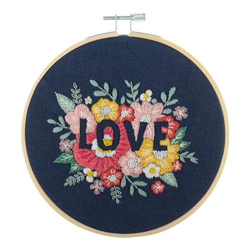 Trimits Embroidery Hoop Kits - 15cm 6” Beginner Starter Set, Includes Bamboo Hoop Threads Cloth Needle Backing & Instructions, Love