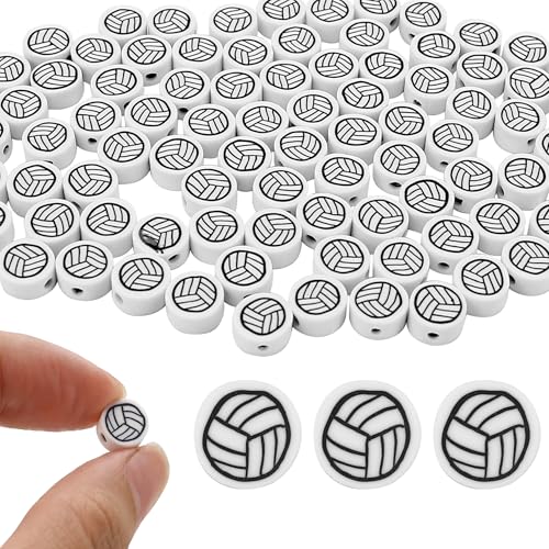 100 Pieces Volleyball Beads 9mm/0.35 Sport Ball Soft Spacer Charms Handmade Polymer Clay for DIY Necklace Bracelet Jewelry Earring Hair Clip Crafts Making Supplies Decoration Accessories