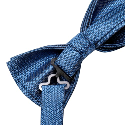 Image of Hi-Tie Blue Pre-Tied Bowties for Men Silk Solid Clip On Men's Bowtie Pocket Square Cufflinks Set for Wedding Party