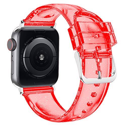 iiteeology Compatible with Apple Watch Band 42mm 41mm 40mm 38mm, Soft Glitter Clear iWatch Bands for Women Series 1-12 - Red - image 2