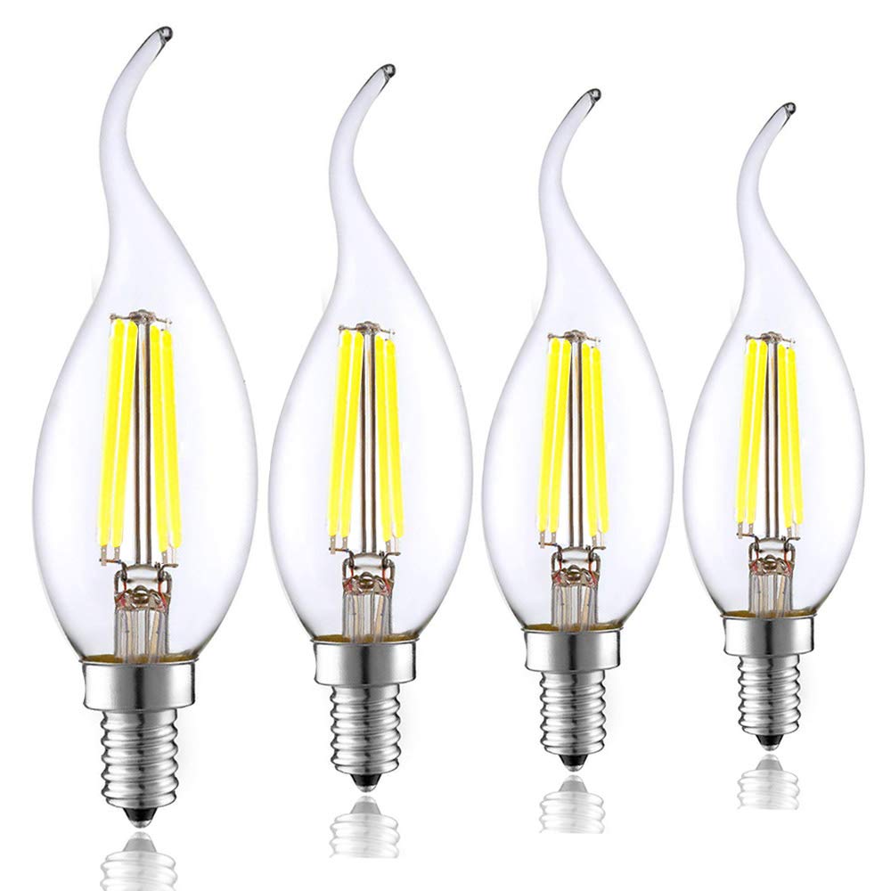 Chao Zan 4W E14 Led Filament Candle Bulb 400Lm, Ac220v Cool White 6000-6500K, 40W Incandescent Equivalent, C35 Flame Shape Led Small Edison Screw Bulbs, 4 Pack