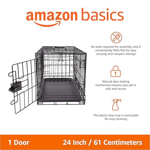 Image of Amazon Basics Portable, Foldable Metal Wire Small Dog Crate with Removable Tray, Divider Panel, Single Door, Easy to Assemble, 24 inch x 18 inch x 20 inch, Black