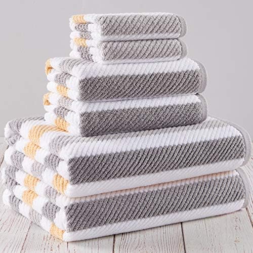 Truly Lou 100% Cotton Quick Dry Textured Bath Towel Set, 6 Piece Set - 2 Bath Towels, 2 Hand Towels and 2 Washcloths, Highly Absorbent, Fast Drying, Striped Pattern, Bathroom Towel Set (Yellow / Grey)
