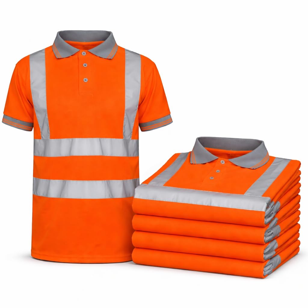 Hi Vis Polo Shirts Pack of 5 High Visibility Workwear Safety Polo T-Shirts for Men Orange, Yellow, (UK, Alpha, M, Regular, Regular, Orange)