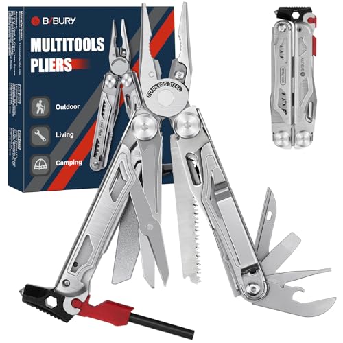 BIBURY Multitools, Camping Multi Tool Foldable Pliers with Upgraded Scissors and Hammer, Stainless Steel Multitools with Nylon Pouch, Ideal for Outdoor, Hiking – Gift for Dad Men Christmas Gifts