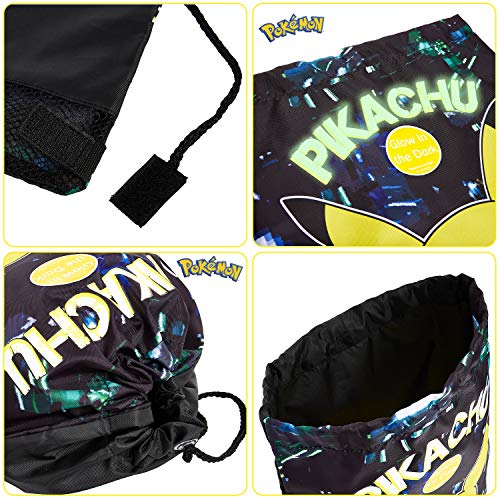 Pokemon Drawstring Bag, PE Gym Bag, Swimming and Sport Sack, Glow in the Dark Bag featuring Pikachu, Lightweight Black String Sack for Kids and Adults, Gifts4