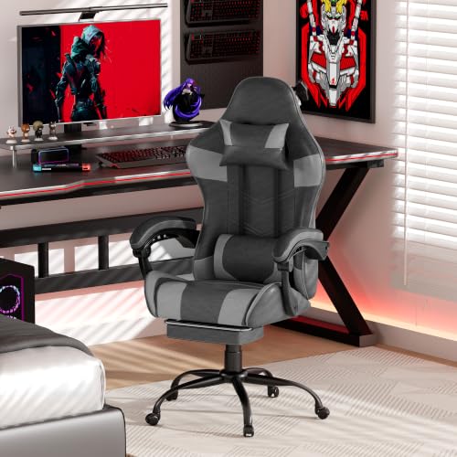 Image of Gaming Chair with Footrest, Ergonomic Video Game Chair with Headrest and Lumbar Support, 400 lbs Adult Chair, Height Adjustable 360 Swivel High Back Reclining Computer Chair for Home Office (Grey)
