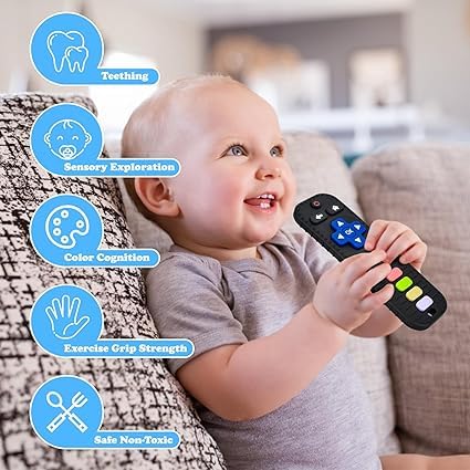 Deriz Remote Silicone Baby Teether with Thread – Food Grade Silicone Toy for 3+ Months, Teething Relief, Biting Skills, Colour & Shape Recognition, Safe for Infants, Babies & Toddlers 2
