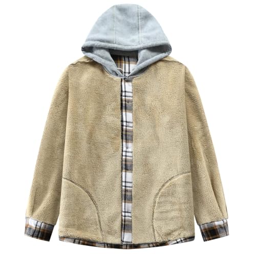 Image of Men's Cotton Plaid Shirt Jacket Fleece Flannel Sherpa Button Down