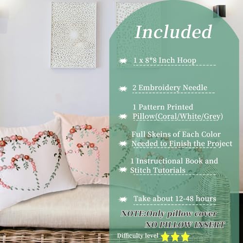 Image of FONNUY Crewel Pillow Case Embroidery Kit, Heart Shaped Loving You Floral Stamped Pattern Kits for Audlt Beginners, Works Crafts Throw Pillow Cover Great Gift for Loved Ones, 18 x 18'' (Beige)