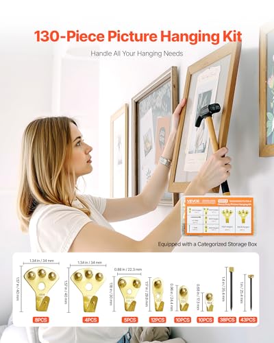 Image of VEVOR 130 Pieces Picture Hanging Kit, 10lb, 20lb, 30lb, 50lb, 75lb and 100lb Picture Hangers, Metal Pictures Hanging Hooks with Nails for Mirror, Painting, Photo Frame on Drywall & Wooden Wall, Gold