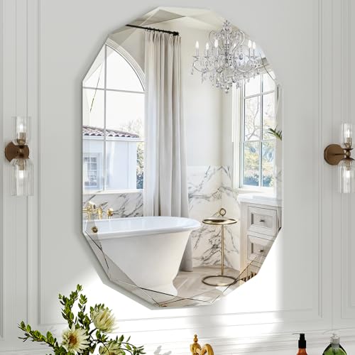 Krymnar 36x24 Inch Beveled Oval Bathroom Mirror Frameless Copper-Free Silver Mirror Modern Vanity Mirror Decorative Wall Mirrors Over Sink for Restroom Bedroom Living Room Bathroom Entryway