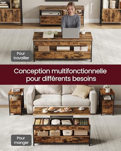 Table basse plateau relevable avec tiroirs et rangement ouvert marron noir VASAGLE - 6