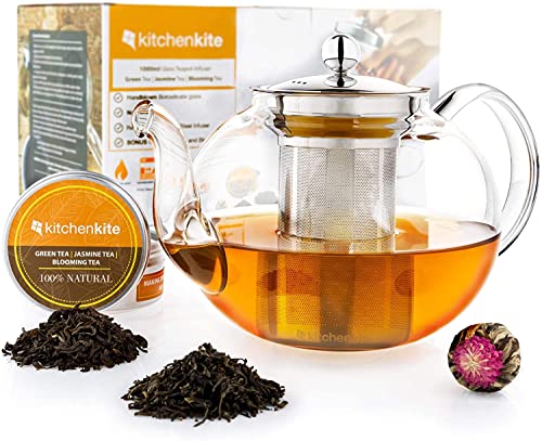 Image of Kitchen Kite Glass Teapot with Infuser - Glass Tea Kettle for Stove Top with Removable Stainless Steel Strainer, Microwave & Dishwasher Safe, Tea Pot with Blooming, Loose Leaf Tea Sampler, Tea Maker