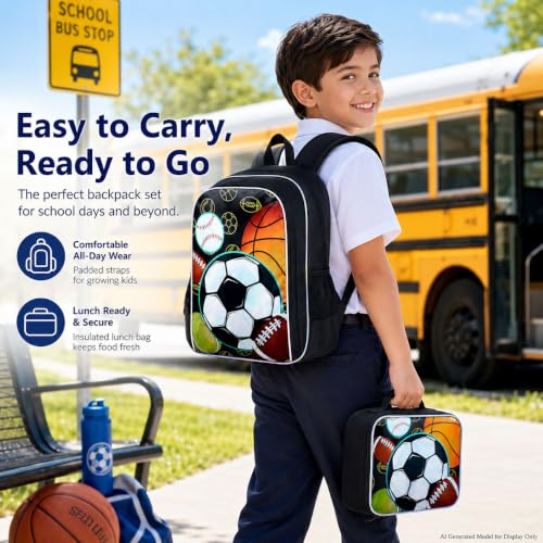 Image of gxtvo 3PCS Soccer Backpack for Boys, 17 inch Kids Football Bookbag with Lunch Box, Water Resistant Middle Elementary School Bag - Multiple Balls
