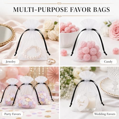 Image of Hopttreely 100PCS White Organza Bags with Black Drawstring, 4x4.72 Inch Small Gift Bags for Jewelry Candy Goodie Treat Sachet, Mesh Gift Bag Drawstring for Wedding Graduation Baby Shower Party Favors, Gifts Wrapping Supplies