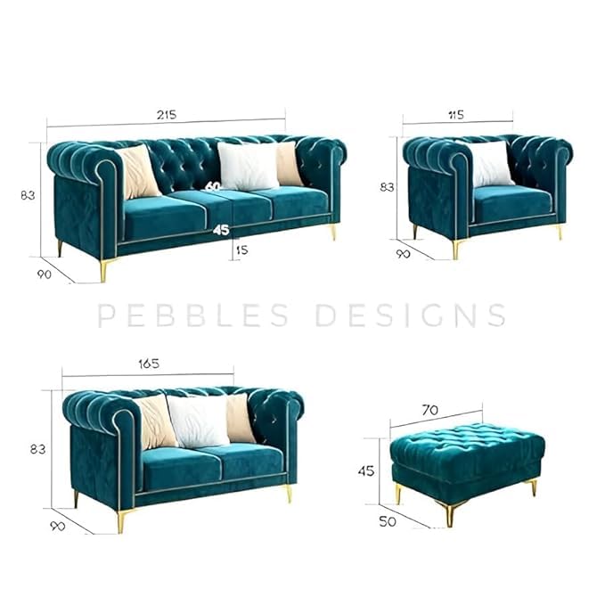 Image of Solid Wood Velvet Fabric L Shape Sofa Sofa for Living Room Button Tufted Sofa Chair for Home & Office (Left Aligned L-Shaped (Teal Green 2)