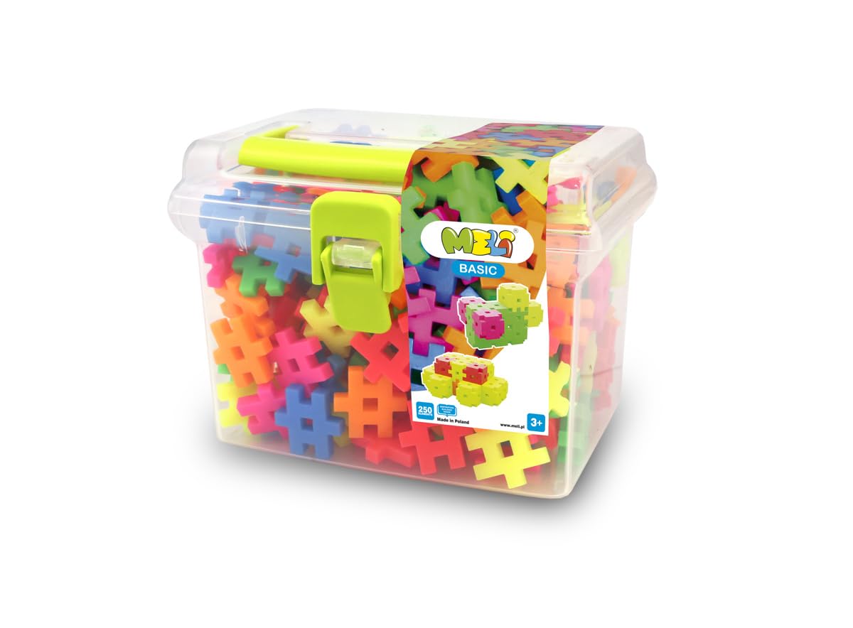 Meli Minis Neon Basic Travel Box Set - 250 bloques de construcción, juguetes creativos para niños a partir de 3 años, colores neón, escala 1:1, instrucciones de 37 x 23 cm, sin BPA, certificado CE