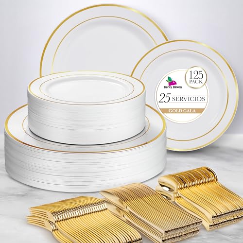 Lista de Cubiertos desechables elegantes para comprar hoy. 42 Berry Bloom Vajilla Elegante Reutilizable Color Oro 125 piezas: 50 platos con orilla dorada, 25 cucharas doradas, 25 tenedores dorados, 25 cuchillos dorados, para 25 invitados