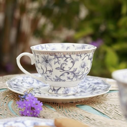 Image of Floral Royal Blue Cup and Saucer Set (Vintage Collection) for Tea /Coffee /Hot Drinks | Set of 6 Cup & 6 Saucers, 210 ML | Finest Premium Porcelain | Lead Free | Scratch Resistant | Chip Resistant