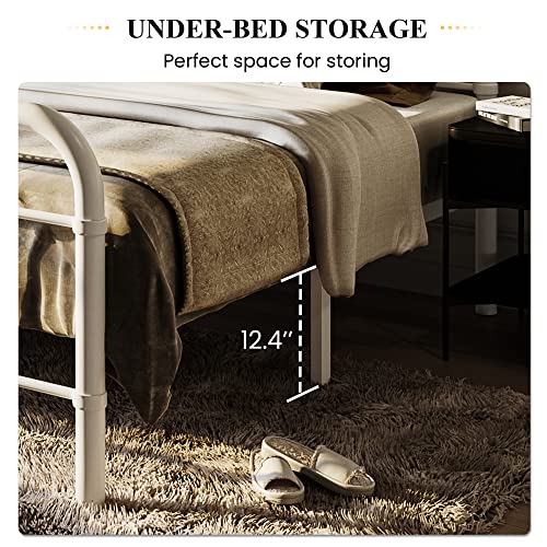 SHA CERLIN Queen Size Bed Frame Metal Platform Bed with Vintage Style Headboard and Footboard, Heavy Duty Mattress Foundation, No Box Spring Needed, Easy Assembly, White