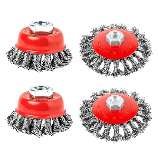 Luabue Angle Grinder Wire Brush Set of 4 Twist Knot Wire Brush Wires Wheel for 115mm Sander Angle Grinder w/ M14 Thread Brushes Diameter 75 mm 100mm Wire Brushes for Paint Rust Removal Weld Cleaning