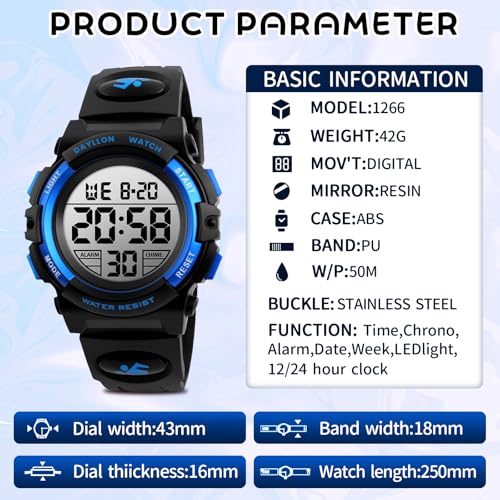 Image of Dayllon Kids Digital Watch Boys Outdoor Sports 50M Waterproof Girls Watches Alarm Clock 12 /24 H Stopwatch Calendar for Ages 3-15 Boy Girl Wristwatch Kids Gift