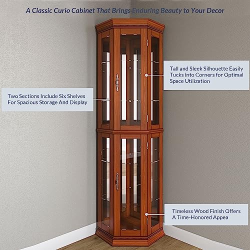 Image of BELLEZE Lighted 3-Side Glass Display Curio Cabinet w /Tempered Glass Doors and Shelves, Accent Wooden Corner Cabinet with Bulb, Corner Storage Decoration Rack for Living Room