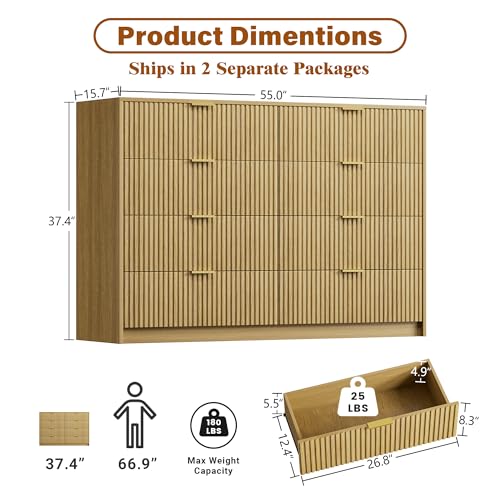Image of Furniway 3 Piece Bedroom Set, 8 Drawer Dresser and 3-Drawer Nightstand Set of 2 with Gold Handles, Mid-Century Modern Wood Chest of Drawers Storage Cabinet for Bedroom, Natural Oak