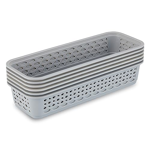 Image of RATAN PLASTICWARE Diana Tray Rectangular-Narrow (Pack of 6) Plastic Storage for Desk Basket /Organizers for Stationery, Jewellery, Tools,Kitchen, Office-Daiso Grey
