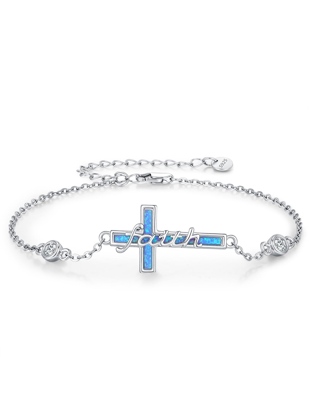Bracciale con opale blu e croce da donna, in argento sterling 925, gioiello religioso, idea regalo