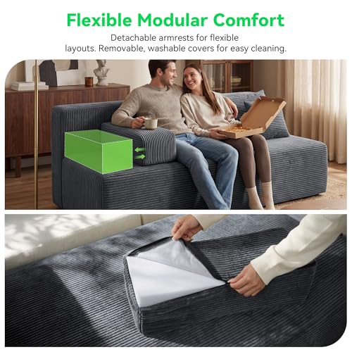 Image of MONVANE 3-Piece Boneless Loveseat Couch Set for Living Room, Oversized Modular Sectional Sofa Set with Removable Armrests, Comfy Corduroy Cloud Couch with 12 Pillows, No Assembly Required, Grey
