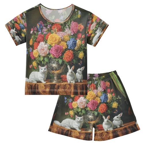 ALAZA Cat Flower Bunny Rabbit Pajamas Set Short Sleeve Cotton Sleepwear Summer Pjs 2 Piece 5-14Y