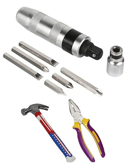 Digital Craft Combo of 3 Items Impact Screwdriver Set Multi-Purpose Chrome Vanadium Steel Portable Screw Driver Chisel Bits Professional Tools with Plier & Hammer 2