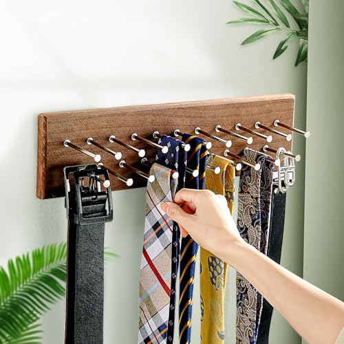 TreeHouse London Tie Rack Organizer – Holds 40 Large Ties – Solid Wood & Sturdy Metal Storage Holder for Closet – Wall Mounted Tie Display Hanger for Wall, Bedroom - (Walnut Tie Rack) 16" L X 4.25" H4