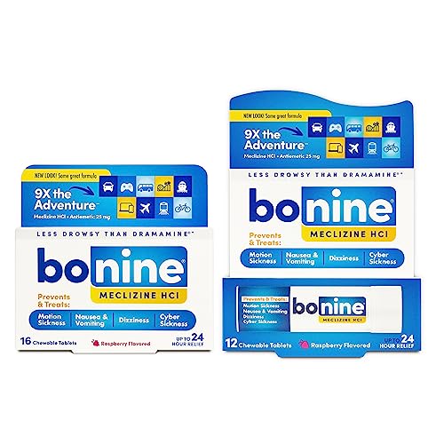 Image of Bonine Non-Drowsy Motion Sickness Relief - Chewable Tablets with Meclizine HCL 25mg - Non Drowsy Medicine for Nausea or Motion Sickness - Cruise Essentials - Raspberry Flavor, 28 Chewable Tablets