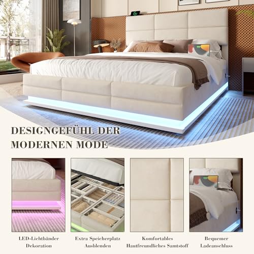 Polsterbett Doppelbett 180x200, LED Jugendbett Hydraulisches Stauraumbett mit Stauraum&USB Ladefunktion, Funktionsbett Bettgestell mit Höhenverstellbarem Kopfteil&Lattenrost, Samt, Ohne Matratze,Beige