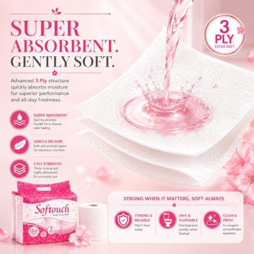 Image of Softouch 2 Ply Toilet Paper Tissue Roll | 145 Sheets Per Roll | 250 Rolls | Total 36,250 Sheets | Soft & Durable | Hypoallergenic | Safe for All Skin Types