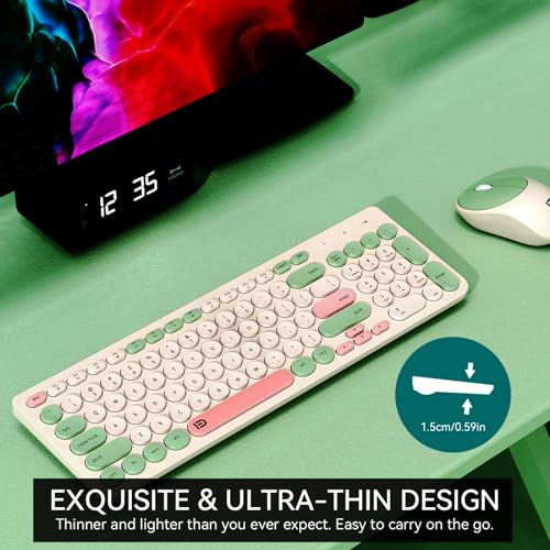 Image of FD Wireless Keyboards and Mouse Combo - 2.4GHz USB Cordless, Cute Wireless Keyboard Round Keys, Quiet and Slim Set for Laptop, Computer, TV and Mac - Milky White Green Colorful