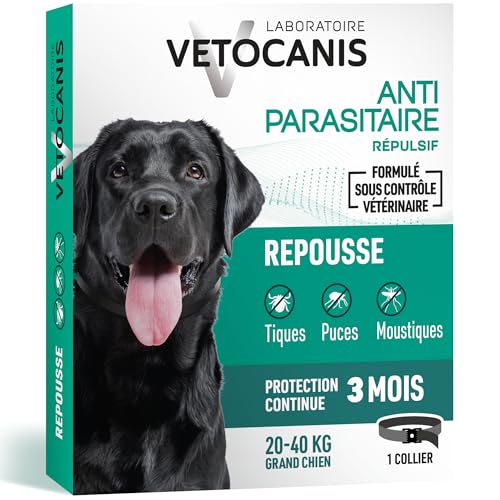 Vetocanis - Collier Répulsif Puces Tiques Moustiques - Protection 3 mois - Grand Chien 20 à 40 kg - Extraits Naturels Margosa et Lavandin