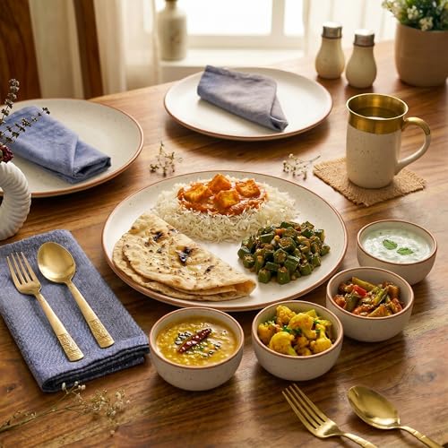 Image of The Earth Store White Matte Ceramic Dinner Set, 18 Pieces with 6 Dinner Plates & 12 Vegetable Bowls | Microwave & Dishwasher Safe | Crockery Set for Gifting & Dining
