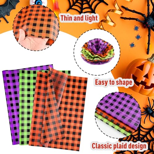 Image of NEBURORA 60 Sheets Halloween Tissue Paper 14 x 20inch Orange Green Purple Buffalo Plaid Wrapping Paper for DIY Craft Gift Bags Halloween Party Supplies