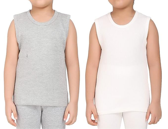 UCARE Thermal Kids (Unisex) Sleeveless Thermal Tops/Uppers - Pack of 2 (11-12 Years, Off White+Light Grey)